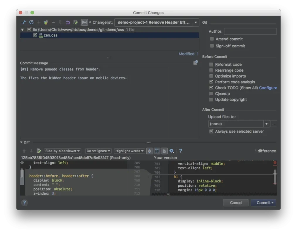 Screenshot of PhpStorm's commit screen showing automatic commit prefixes.