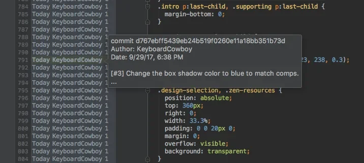 Screenshot of a developer viewing a commit's annotations in PhpStorm.