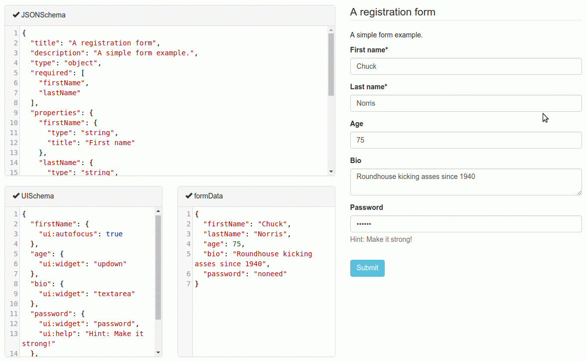 Code showing a form split into different data models and updating a Bootstrap-based form in real-time