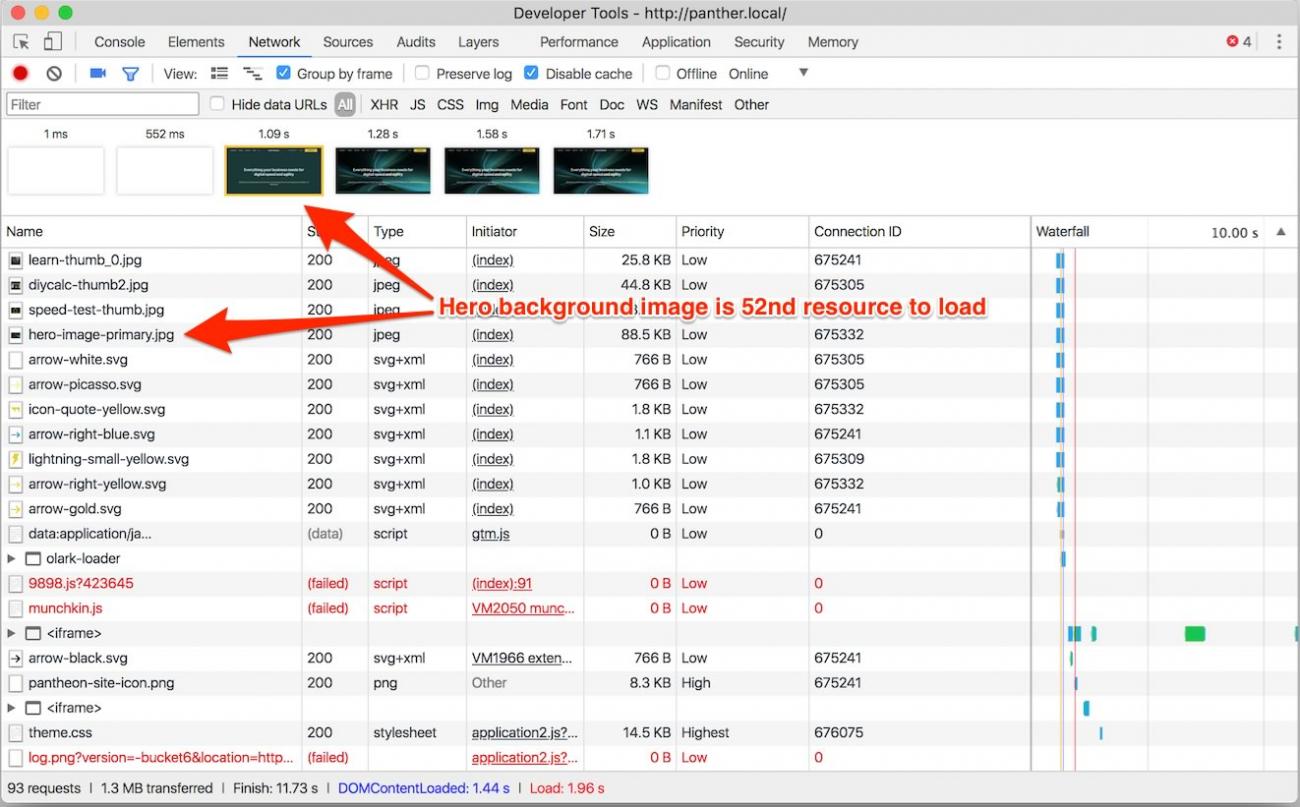 Devtools network tab showing hero background image loading late