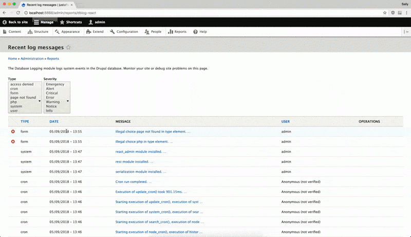 prototype database log built with React