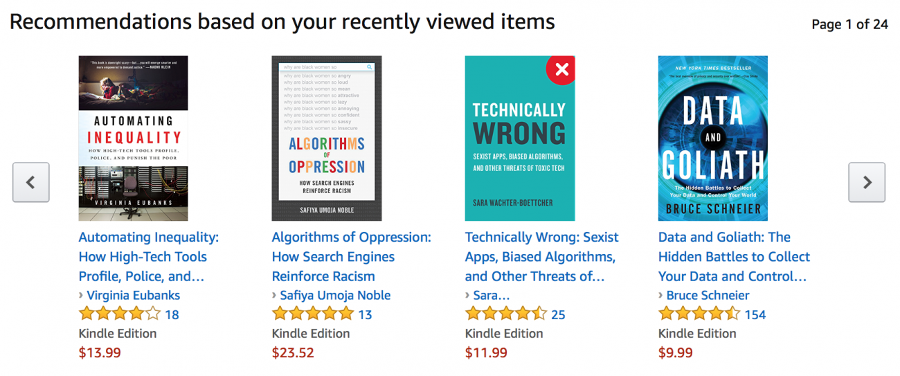A picture of Amazon.com book recommendations based on user browsing history