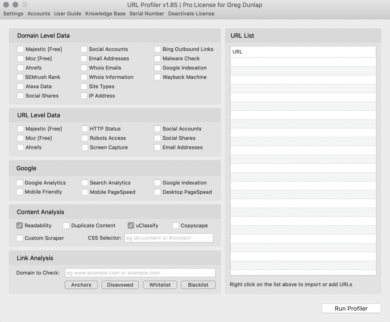 Screenshot of the main workspace for URL Profiler