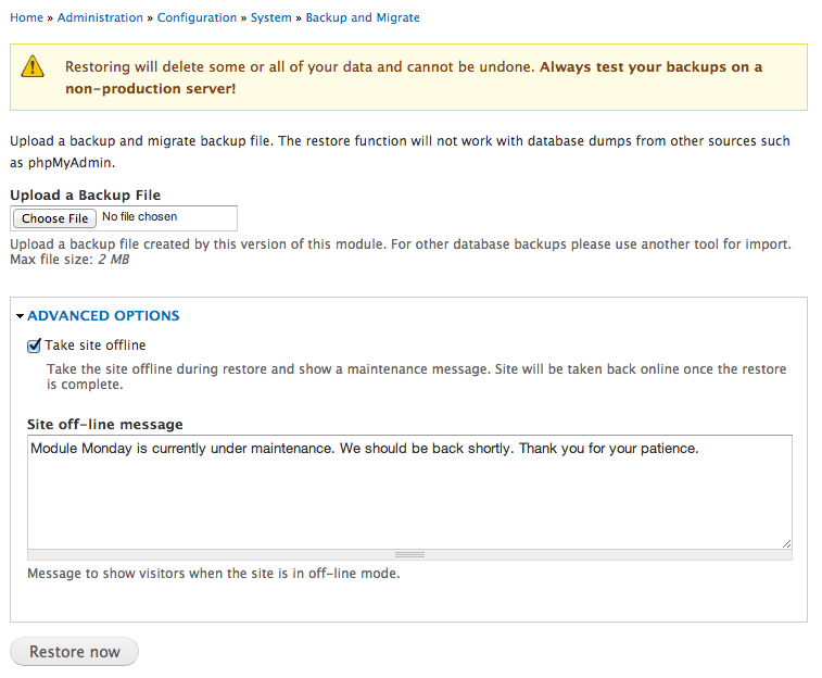 backup-migrate-restore.png Screenshot of the Restore Backup screen