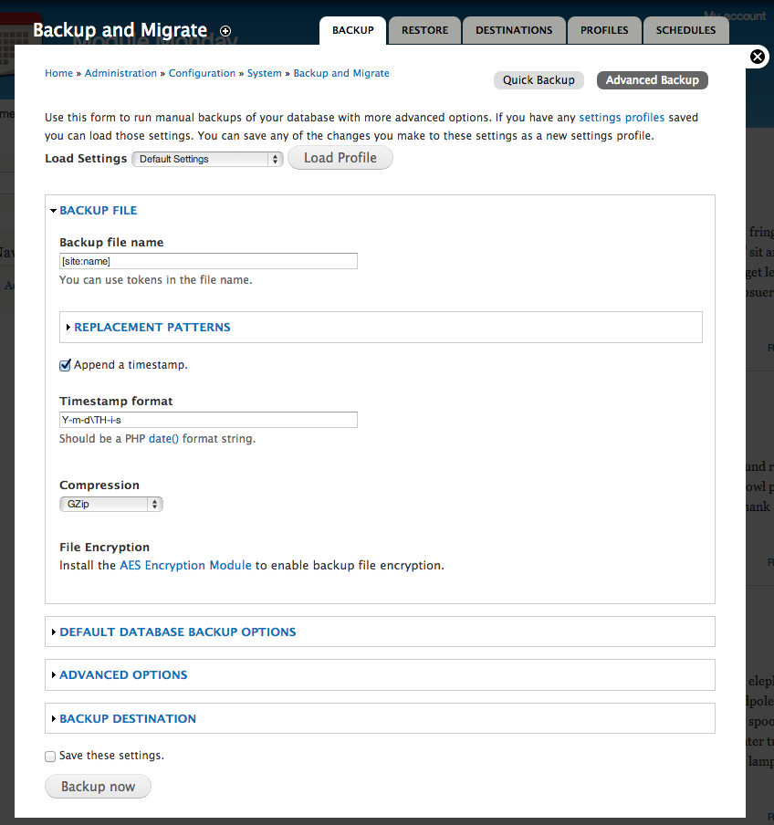 Screenshot of Backup and Migrate settings