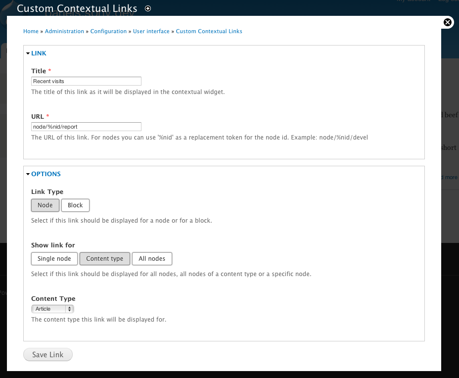 Screenshot of the Custom Contextual Links administration screen