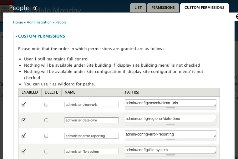 Screenshot of custom permissions administration screen