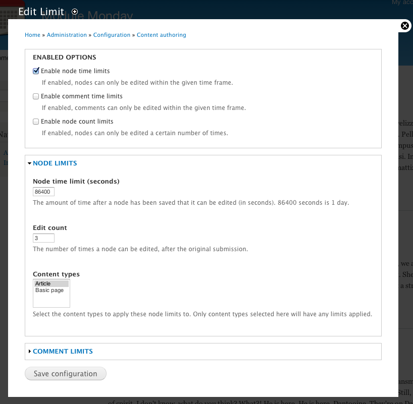 Screenshot of administration screen