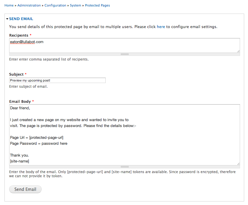 Picture of the the Protected Pages email screen