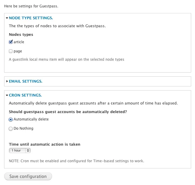Screenshot of Guest Pass administration options