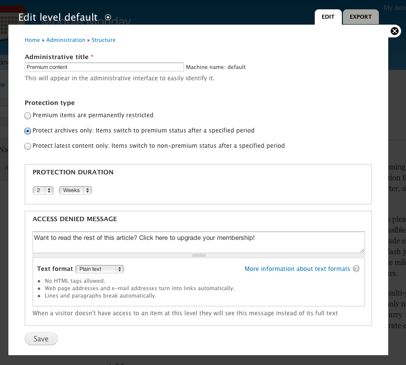 Screenshot of Premium Content configuration screen
