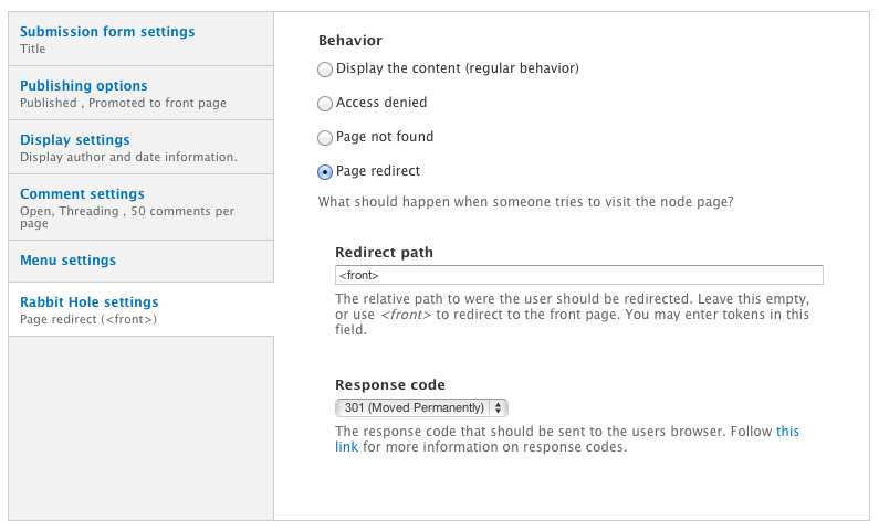 Screenshot of administration options