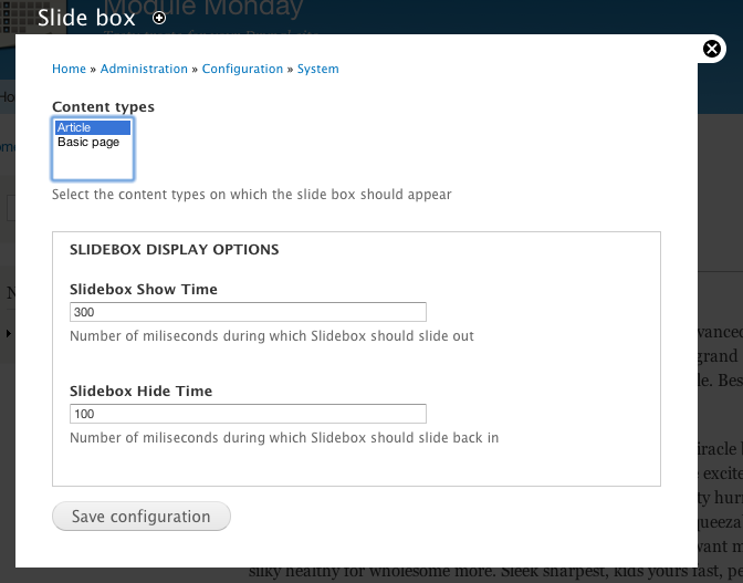 Screenshot of Slidebox settings