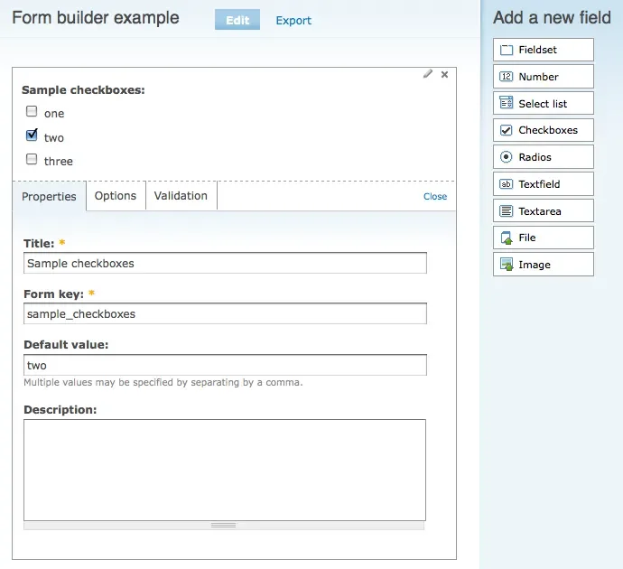 The interface for Form Builder.