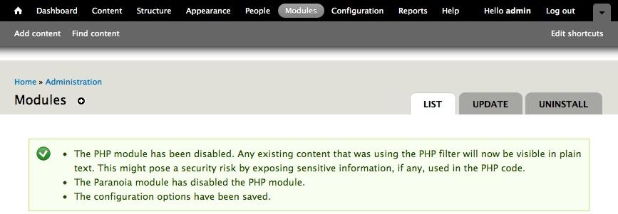 PHP module and text filter is disabled