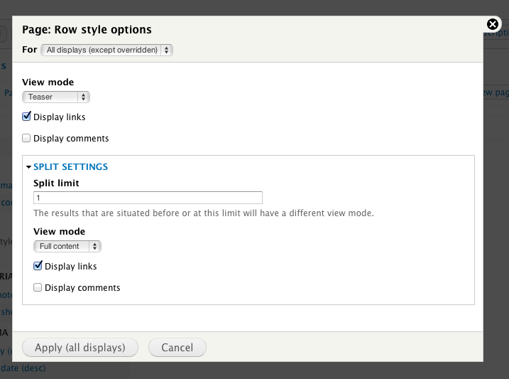 Screenshot of the Views Nodes Split configuration screen