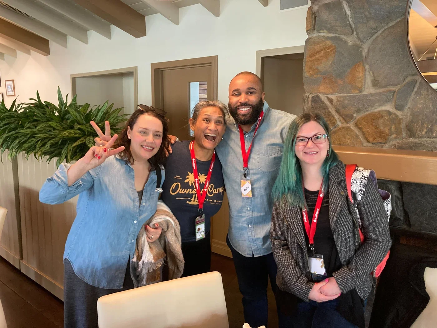 Lullabot team members posing in the restaurant of Smoke Tree Ranch.