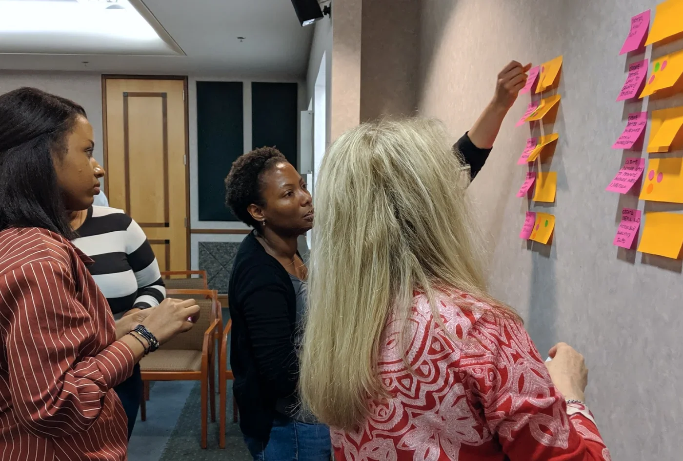 A group of people look at a wall with sticky notes stuck to it while one person rearranges them.