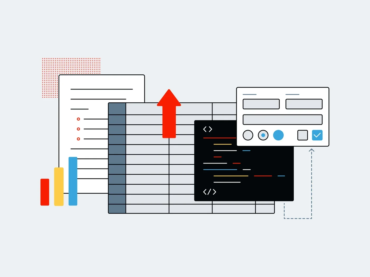 An illustration of documents, spreadsheets, and other web interace components