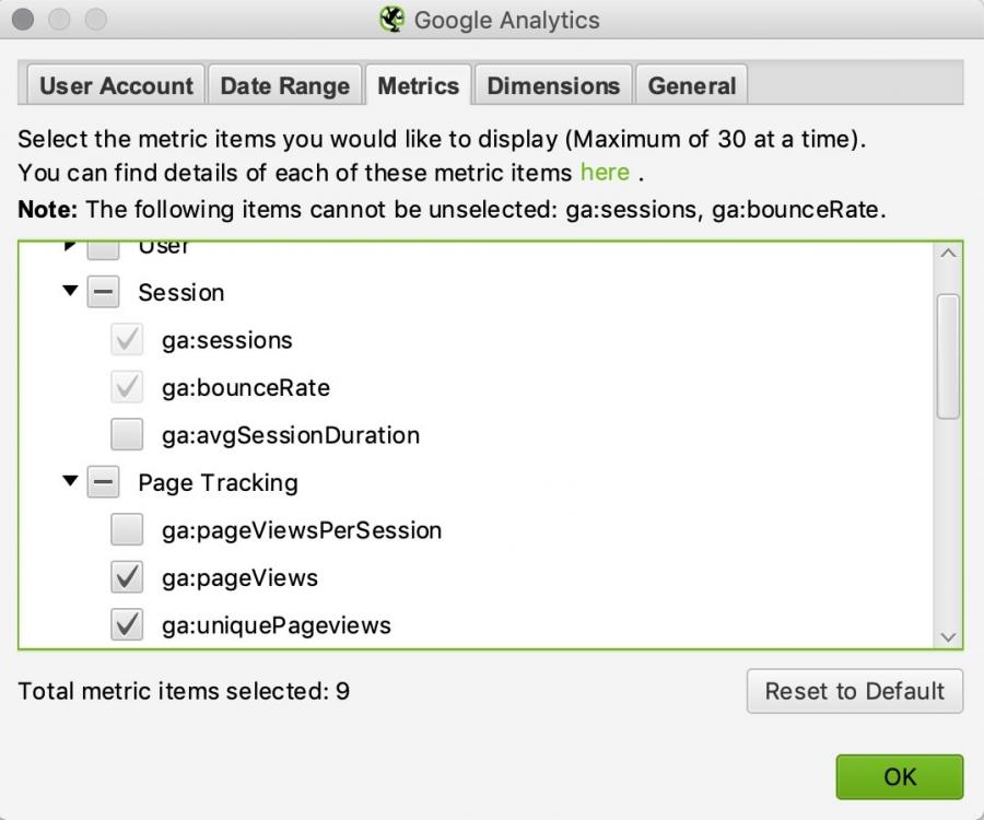 A screenshot showing some of the metrics available through Screaming Frog's integration with Google Analytics