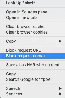 Contextual menu in Chrome Dev Tools showing the option to block domain.