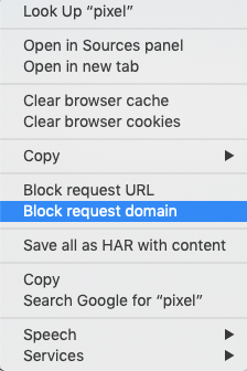 Contextual menu in Chrome Dev Tools showing the option to block domain.