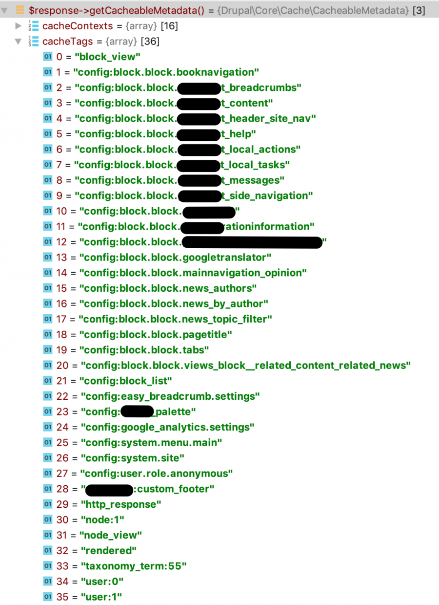 A snapshot of PHPStorm showing cache tags from a render array