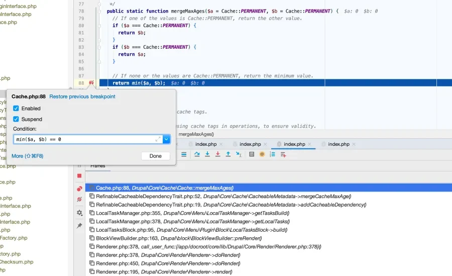 Snapshot of a conditional breakpoint in PHPStorm