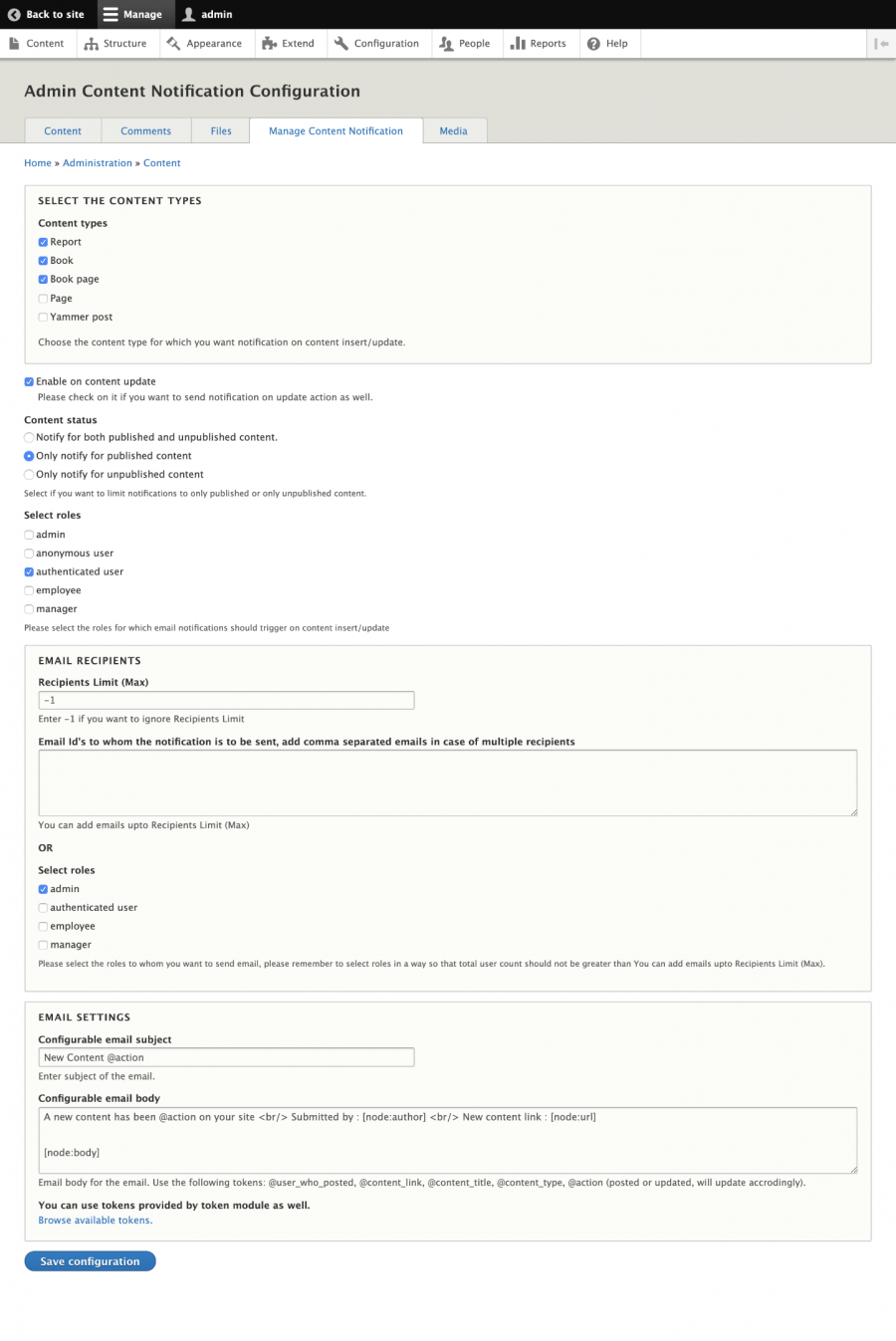 Content notification configuration