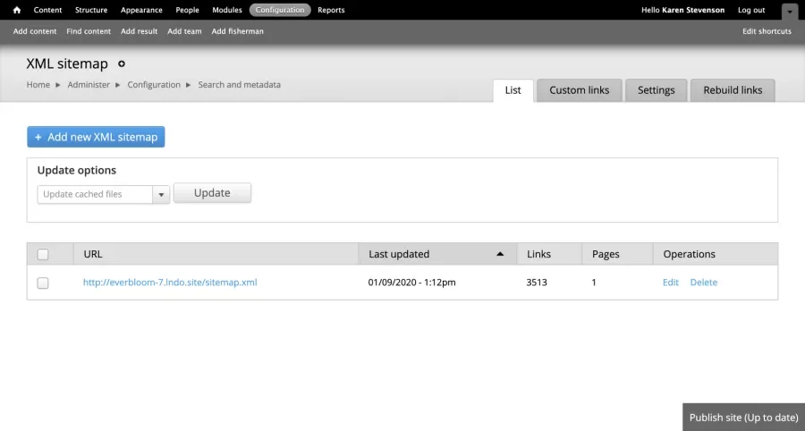 View XML Sitemap screen