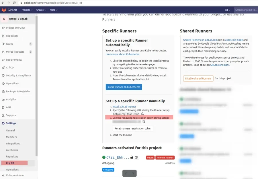 GitLab UI showing where to find the token to set up a runner