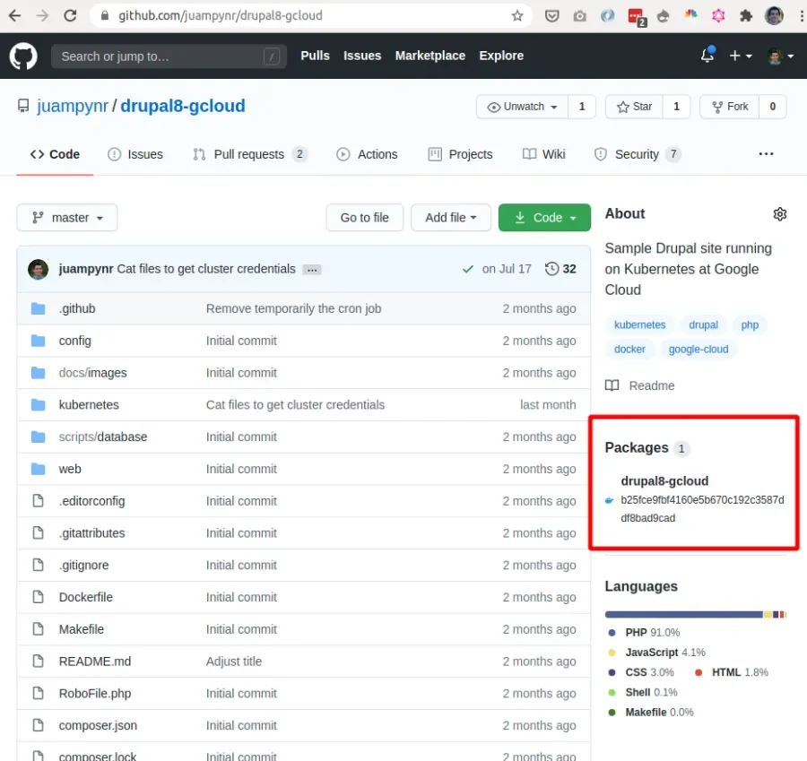 Image of a GitHub repository, with Packages section highlighted