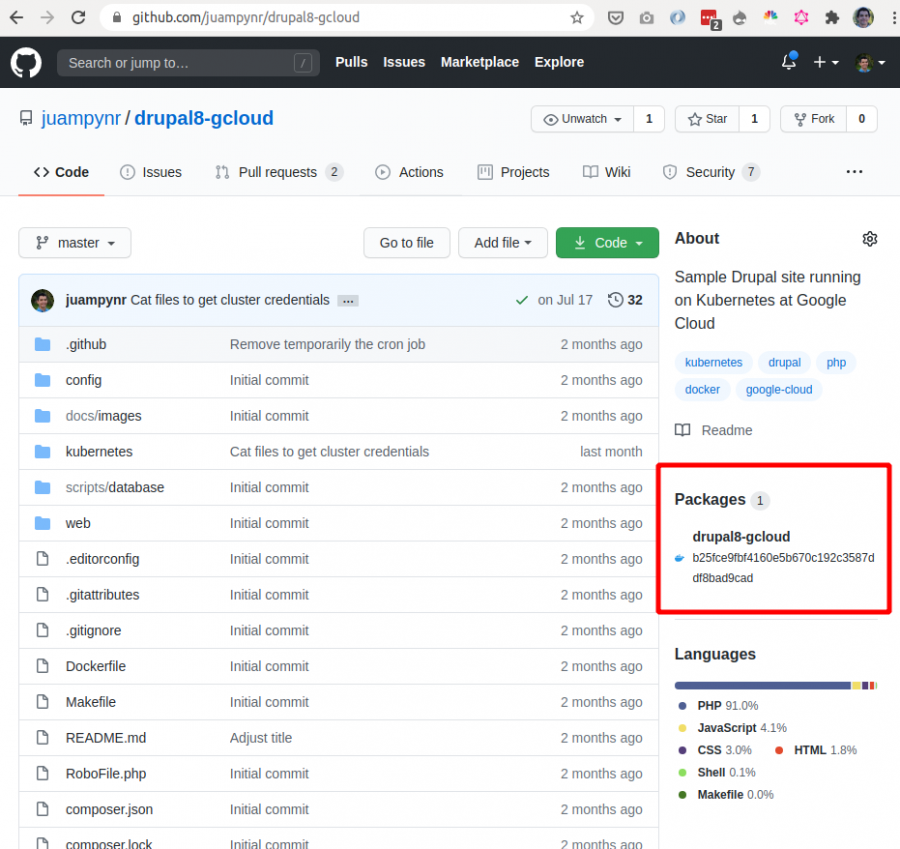 Image of a GitHub repository, with Packages section highlighted
