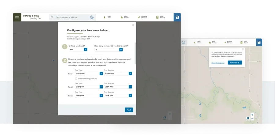 Options for the user to select on the Prairie Planner app