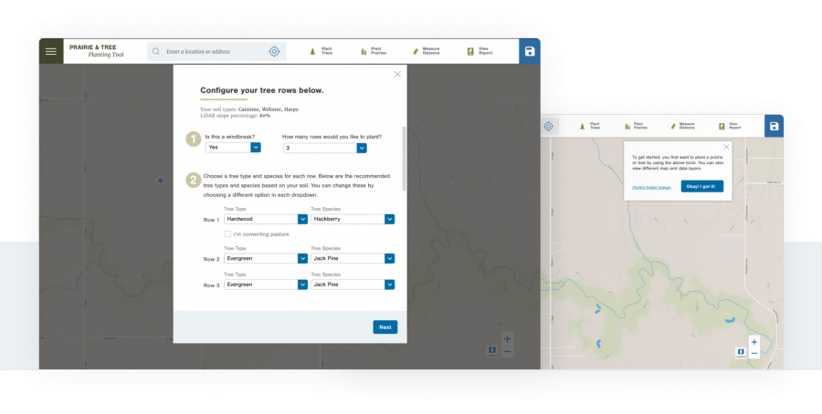 Options for the user to select on the Prairie Planner app