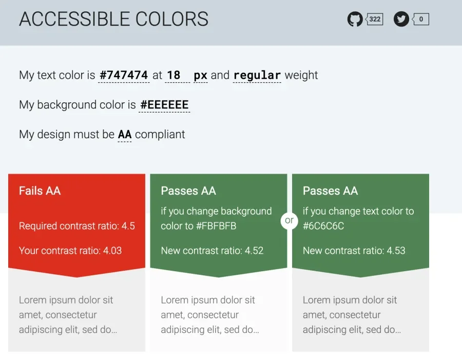 Accessible colors website showing a failed contrast ratio
