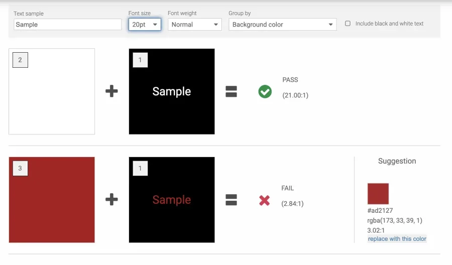 Color Palette Contrast Checker sample results, with a failure.