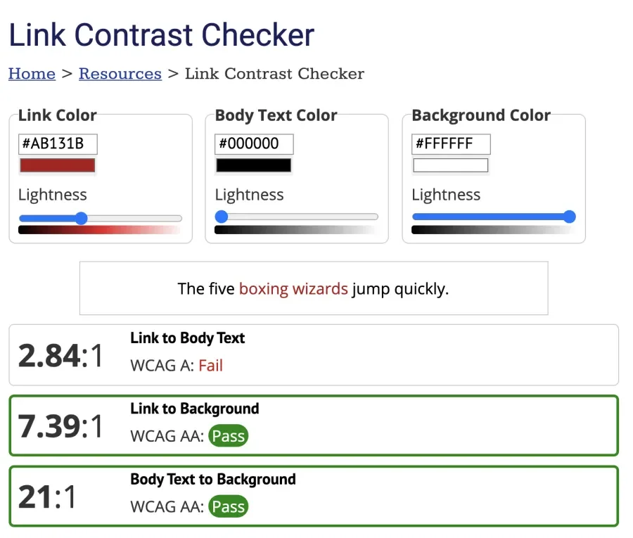 Results from the link contrast checker, with a failure.