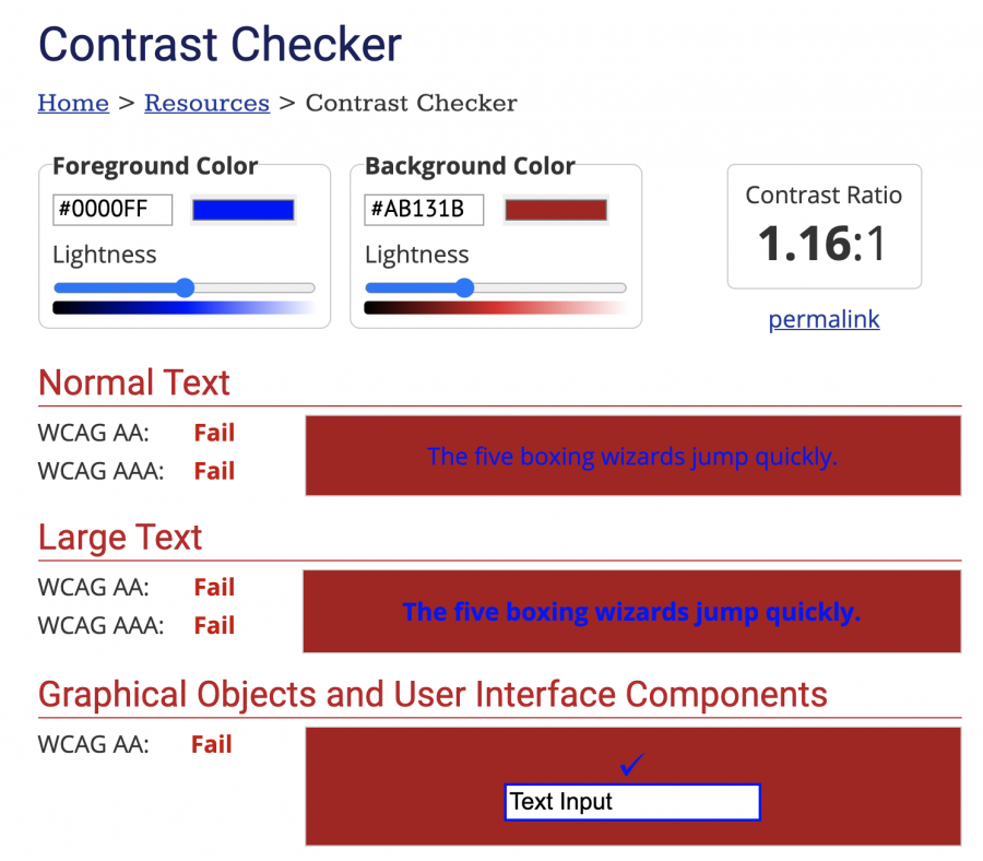 WebAIM contrast checker example, with failure.