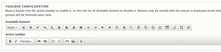 The Drupal text format settings toolbar