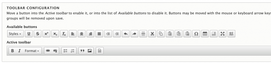 The Drupal text format settings toolbar