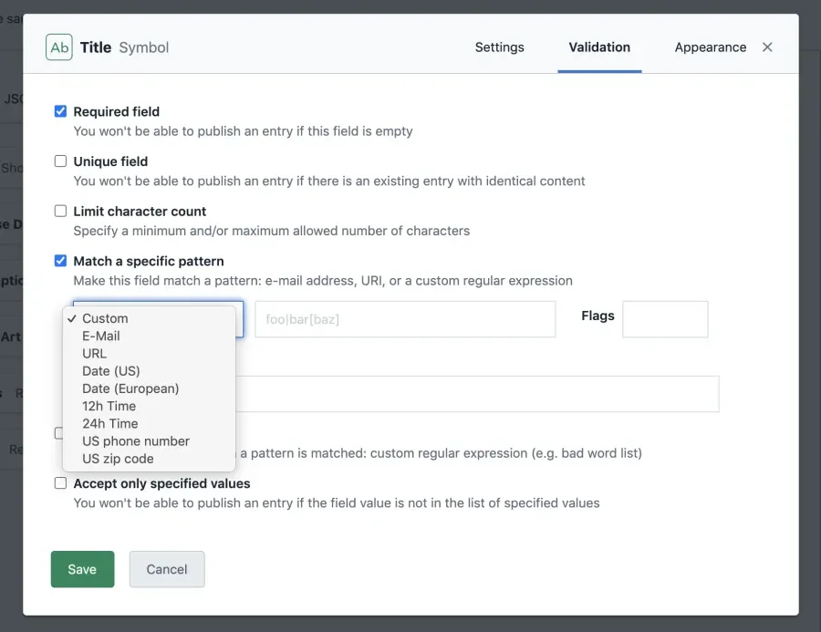 Contentful field pattern validation