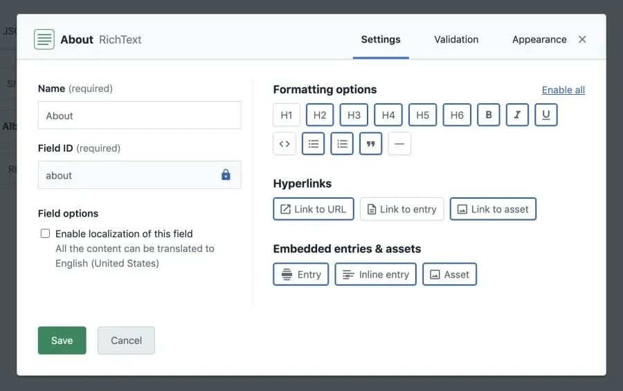 Contentful Rich Text Settings