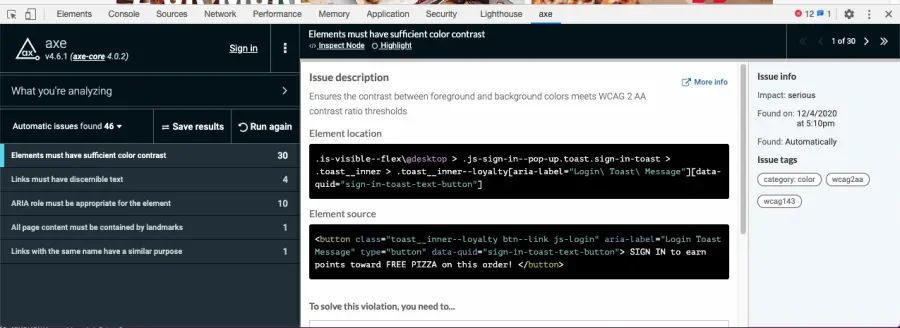 Axe - Web Accessibility Testing - Developer tools example