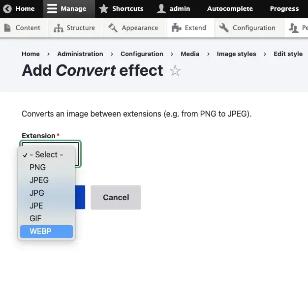 Selecting WEBP in Drupal's image style convert effect