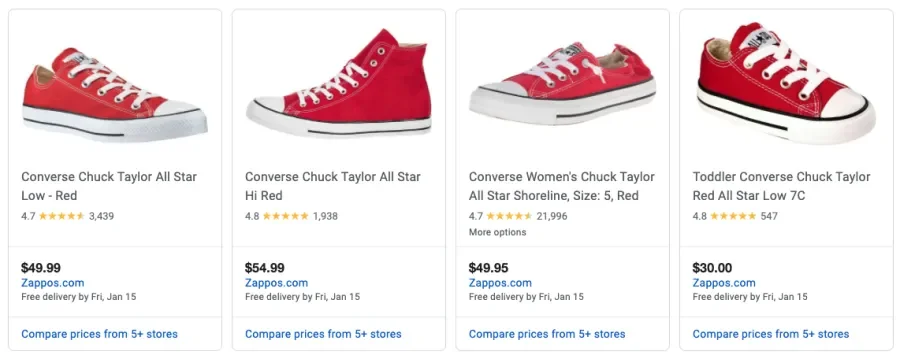 Different listings of Red Converse shoes on Google Shopping
