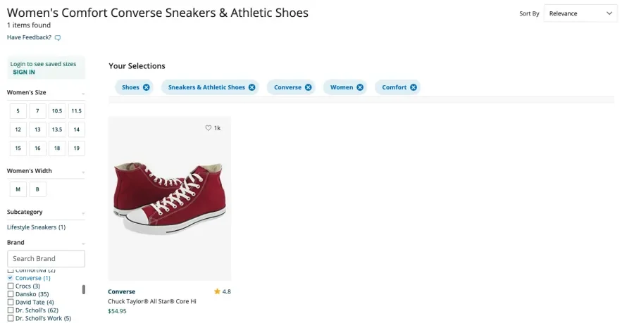 Red converse shoes being shown on an Amazon.com search page, filtered