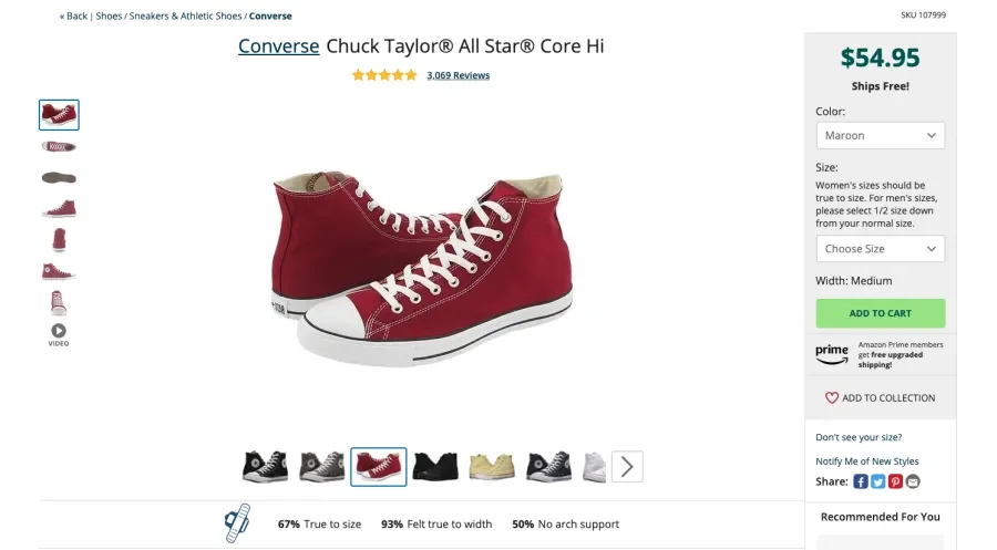 Red converse shoe product page with different color options displayed and the star rating