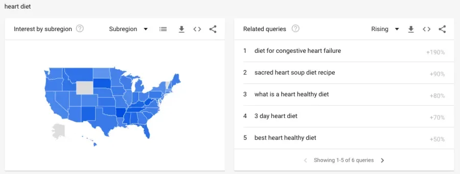 A highlighted graph of the United States next to related queries