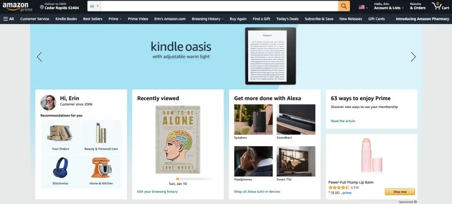 Amazon home page with products images and personalized information
